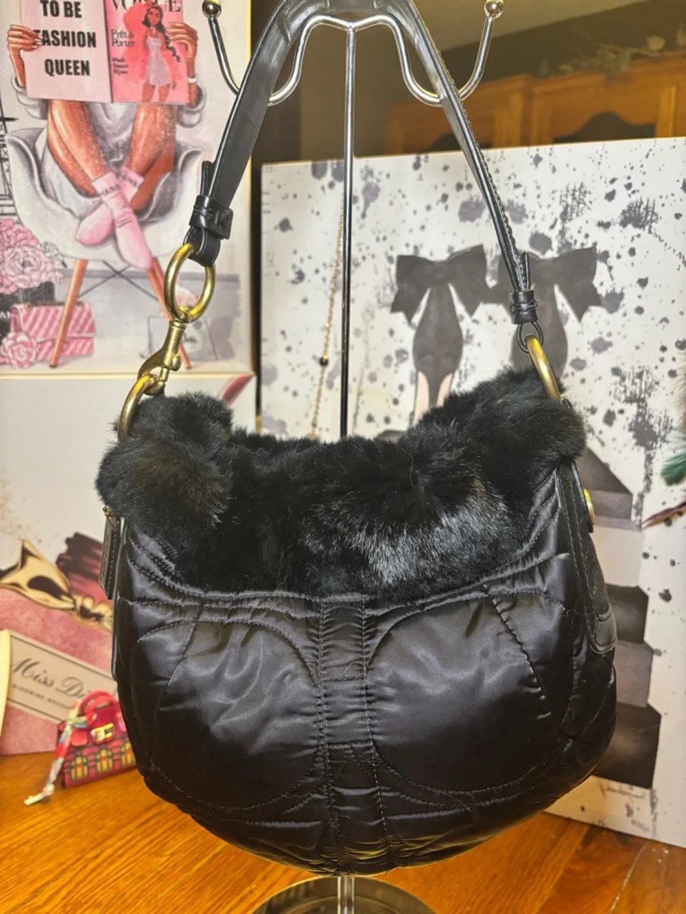 Coach 3586 Black Quilted Satin Rabbit Fur Trim Hobo Bag EUC Y2K Rare
